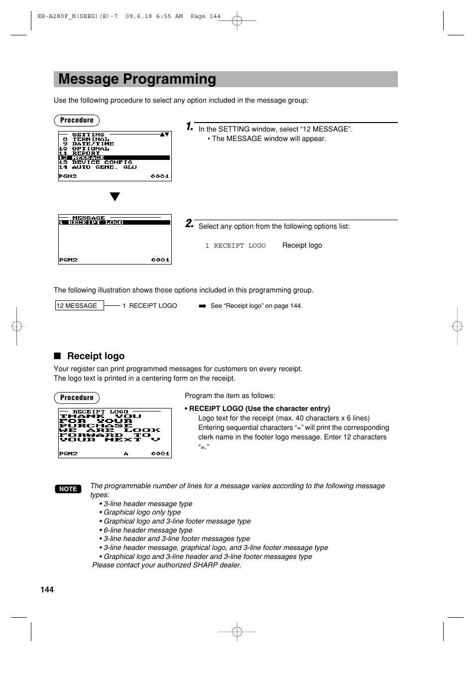 Message programming, Receipt logo | Sharp ER-A280F User Manual | Page 146 / 188