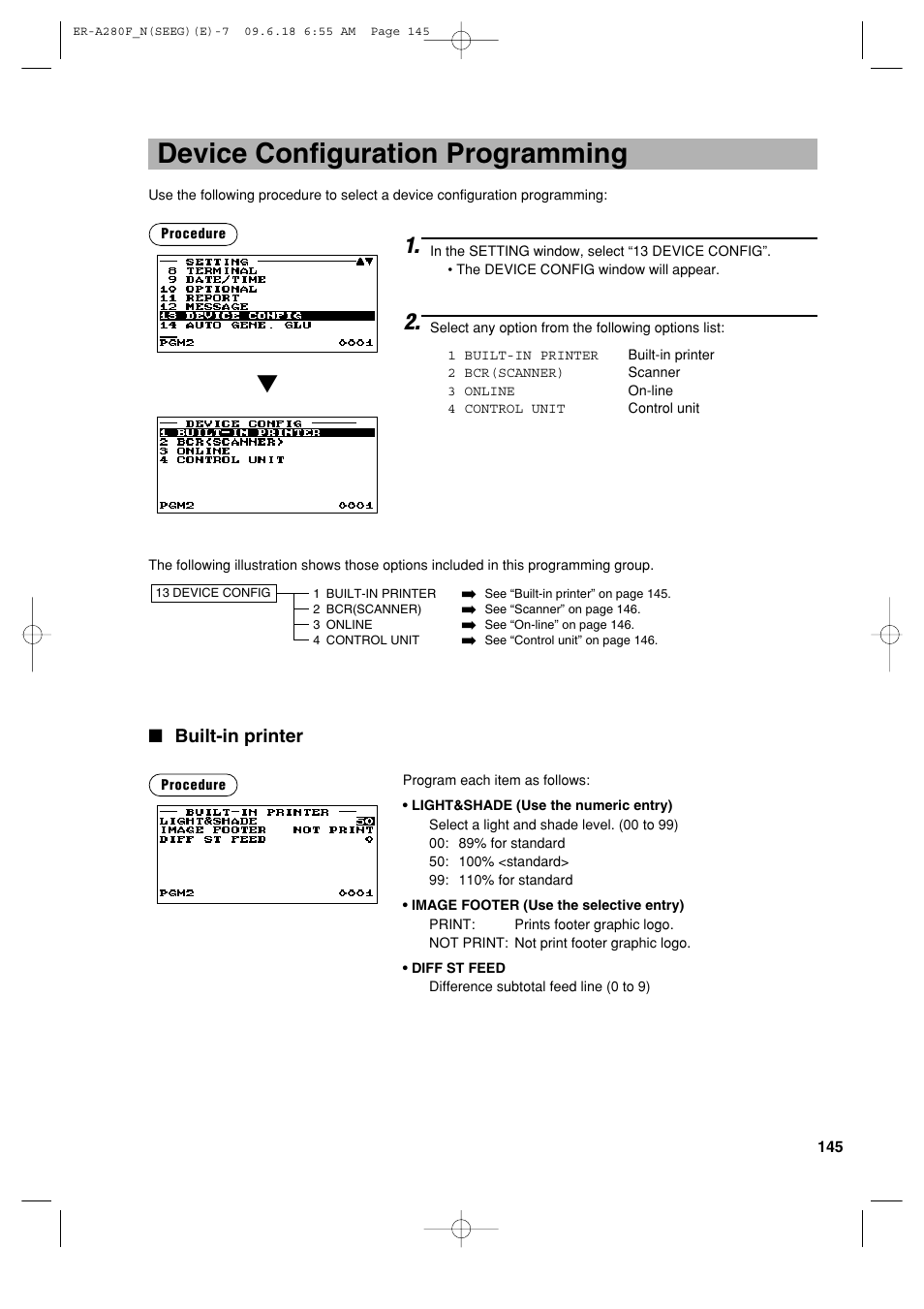 Device configuration programming, Built-in printer | Sharp ER-A280F User Manual | Page 147 / 188