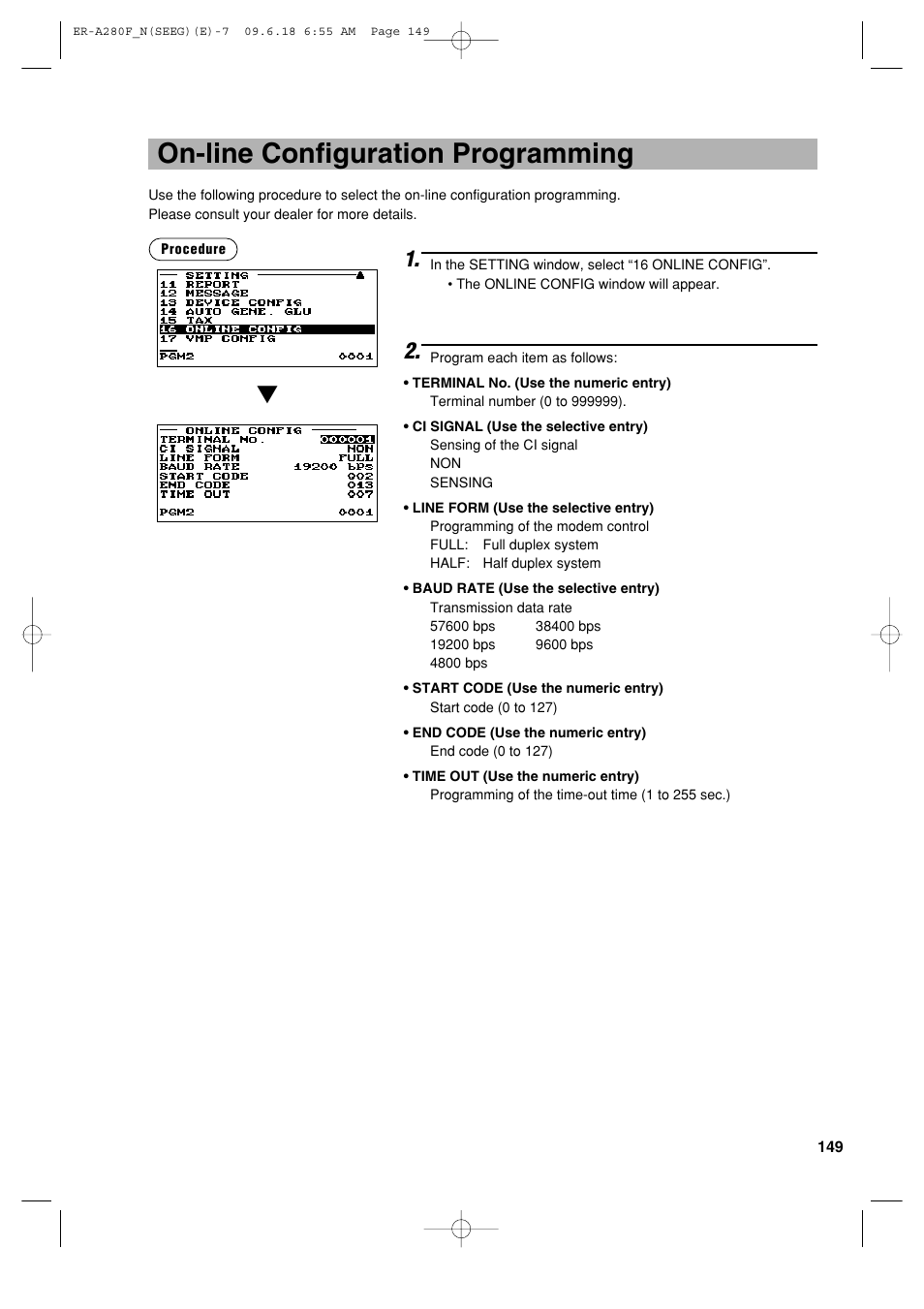 On-line configuration programming | Sharp ER-A280F User Manual | Page 151 / 188