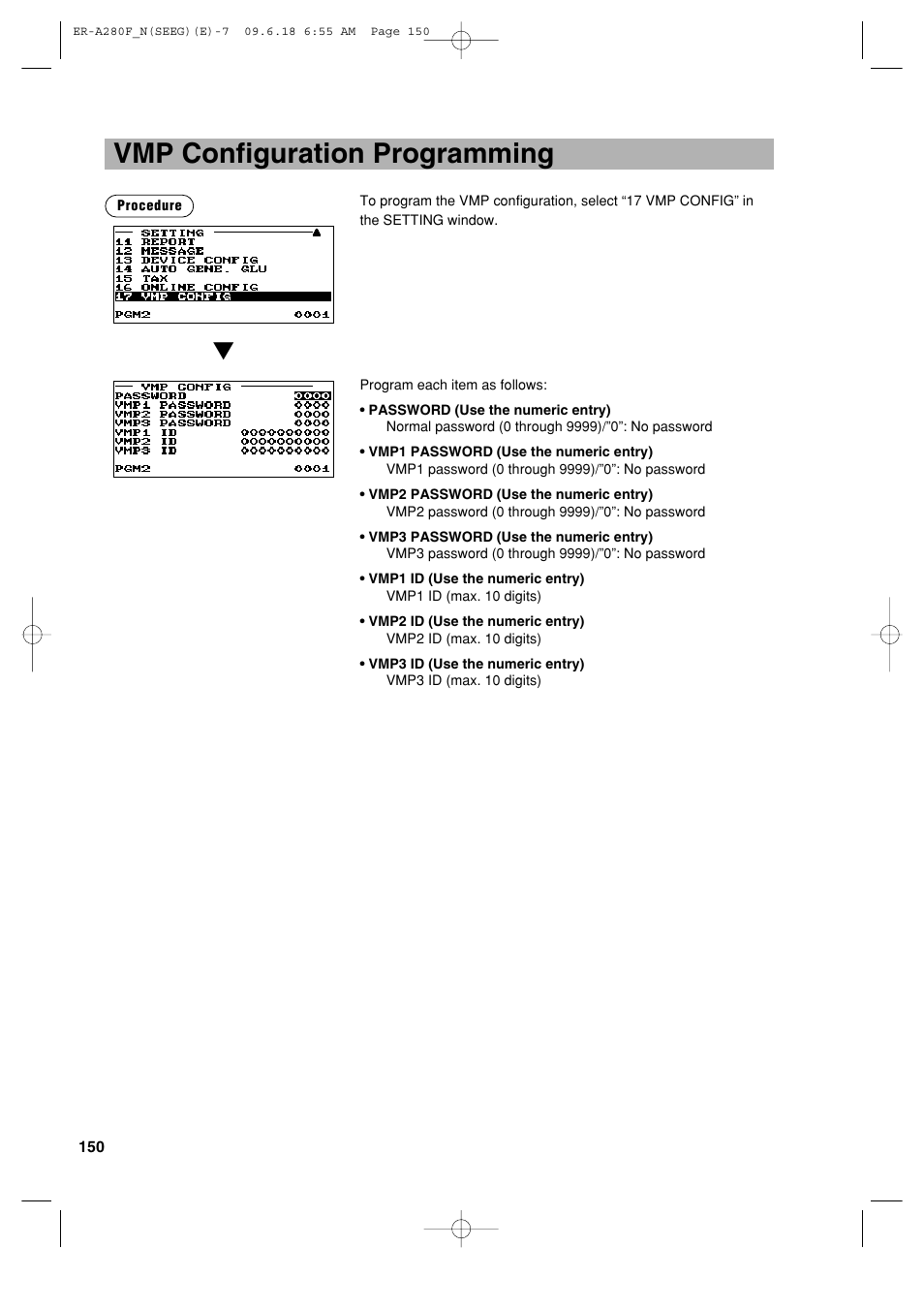Vmp configuration programming | Sharp ER-A280F User Manual | Page 152 / 188