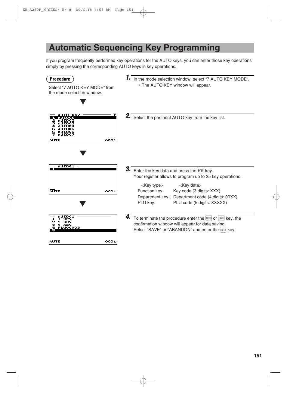 Automatic sequencing key programming | Sharp ER-A280F User Manual | Page 153 / 188