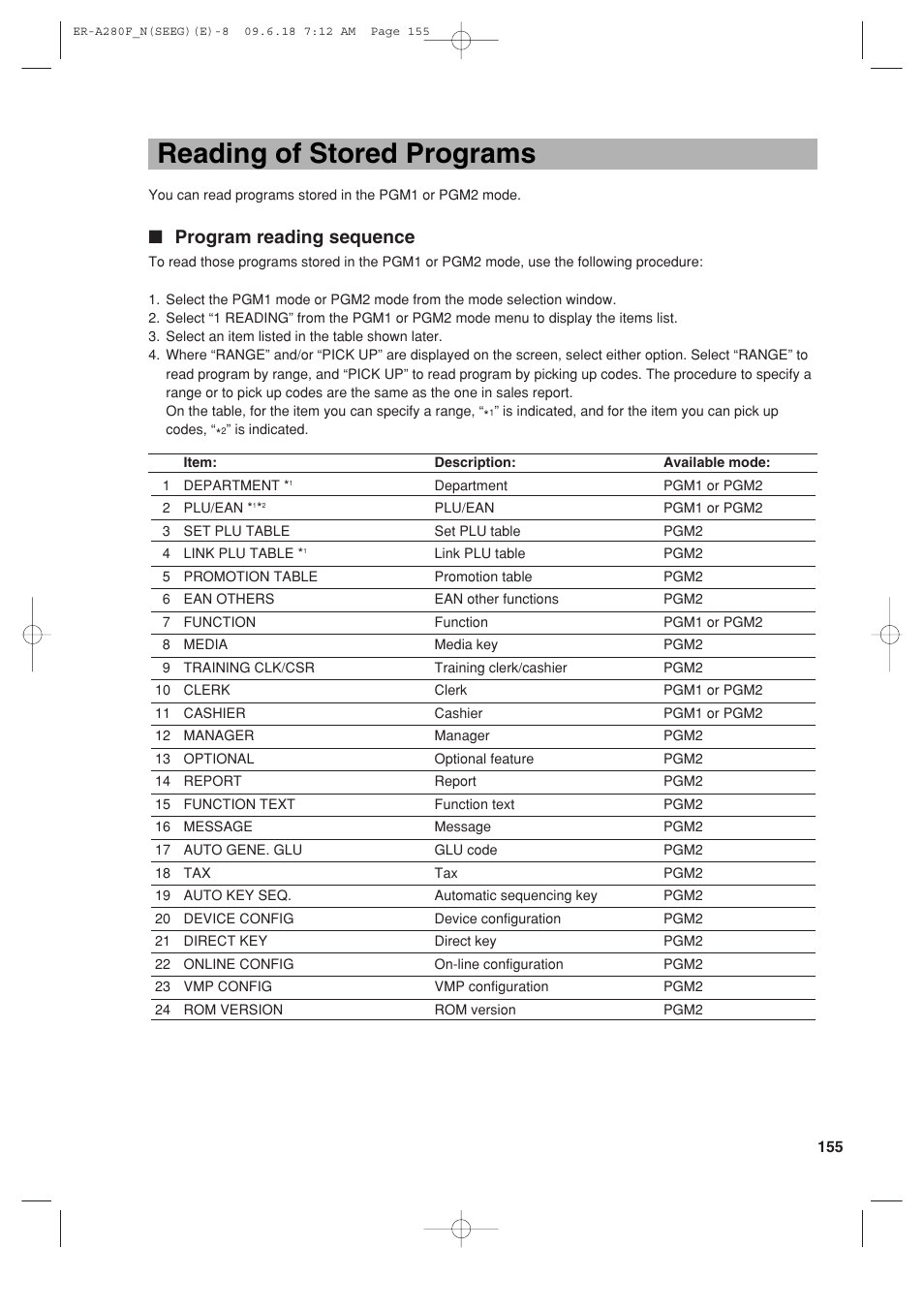 Reading of stored programs, Program reading sequence | Sharp ER-A280F User Manual | Page 157 / 188