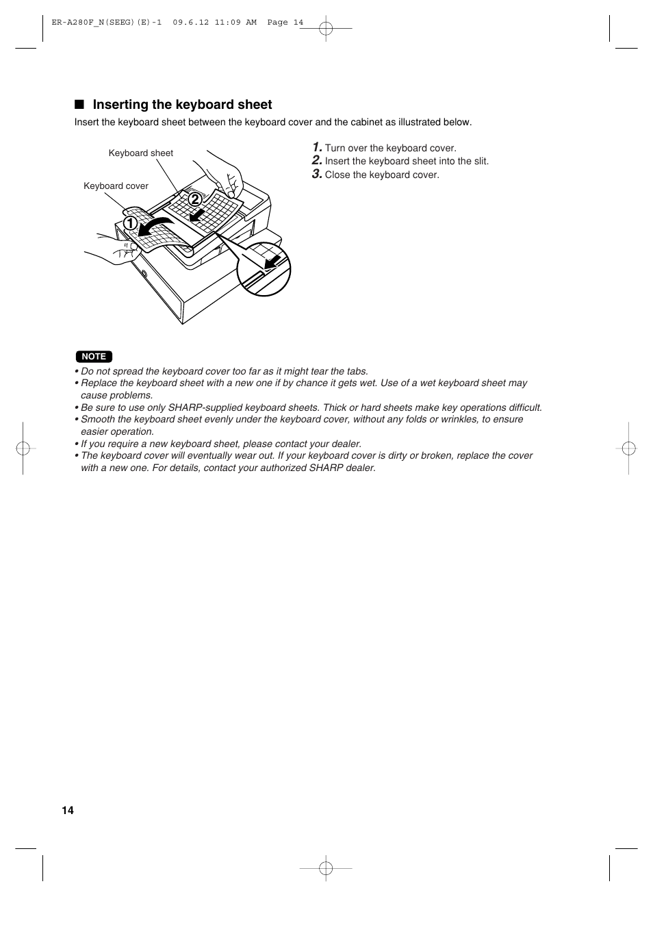 Inserting the keyboard sheet | Sharp ER-A280F User Manual | Page 16 / 188