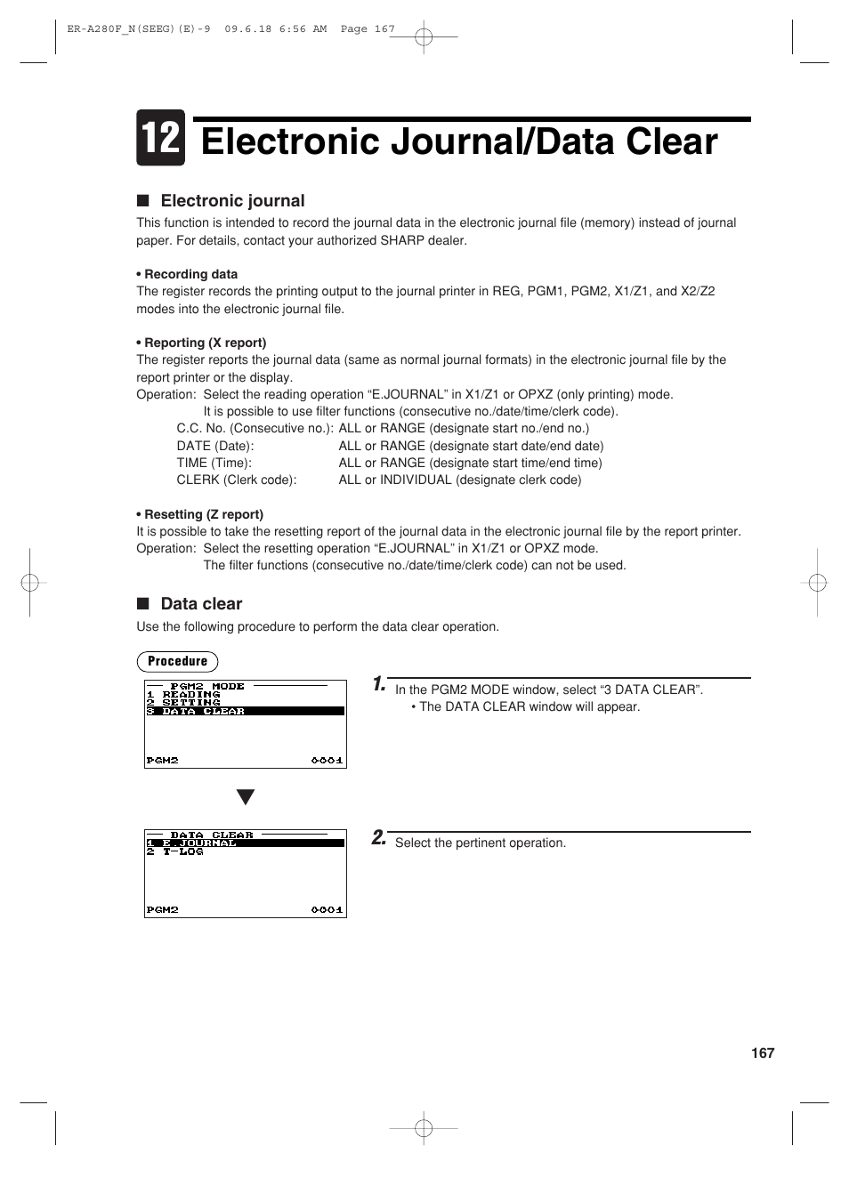 Electronic journal/data clear | Sharp ER-A280F User Manual | Page 169 / 188