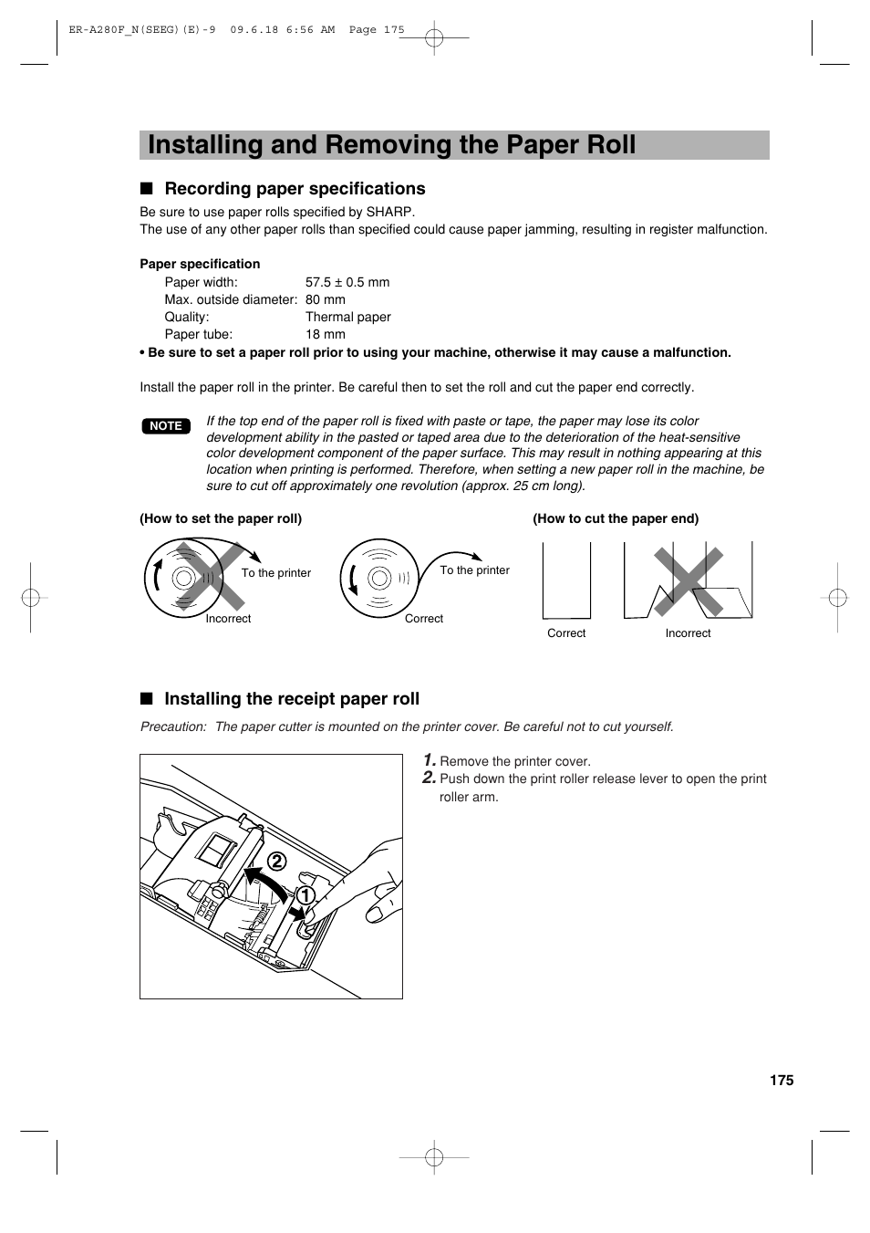Installing and removing the paper roll, Recording paper specifications, Installing the receipt paper roll | Sharp ER-A280F User Manual | Page 177 / 188