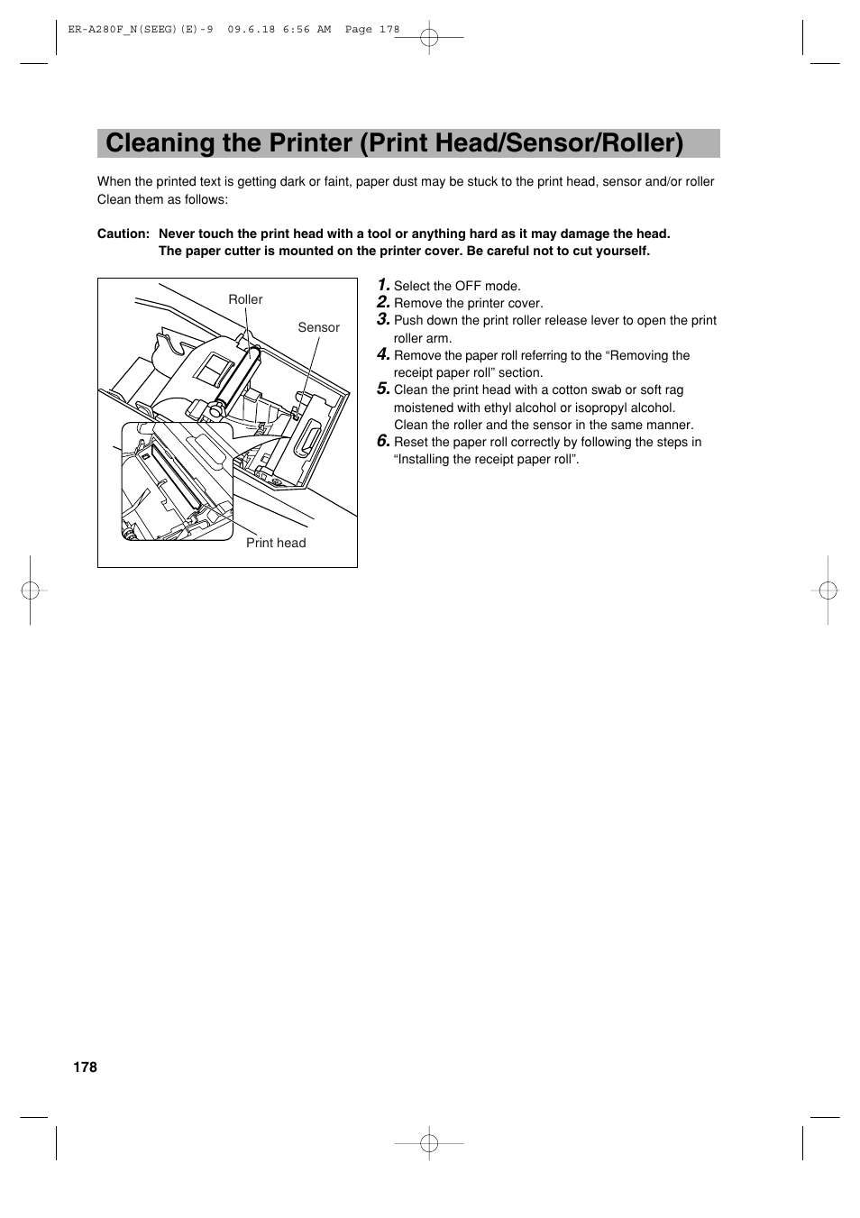 Cleaning the printer (print head/sensor/roller) | Sharp ER-A280F User Manual | Page 180 / 188