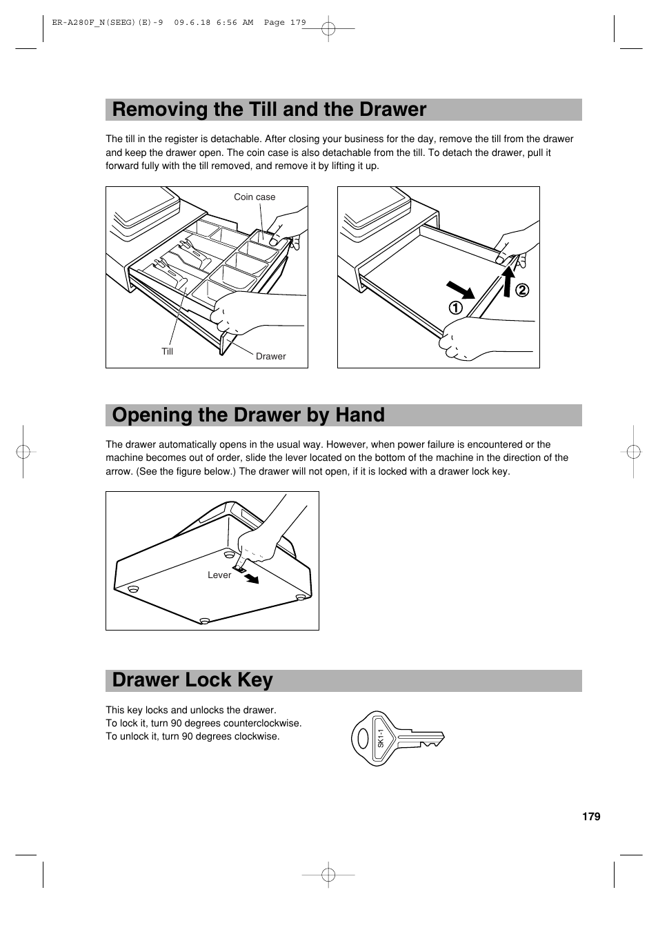 Removing the till and the drawer, Opening the drawer by hand, Drawer lock key | Sharp ER-A280F User Manual | Page 181 / 188