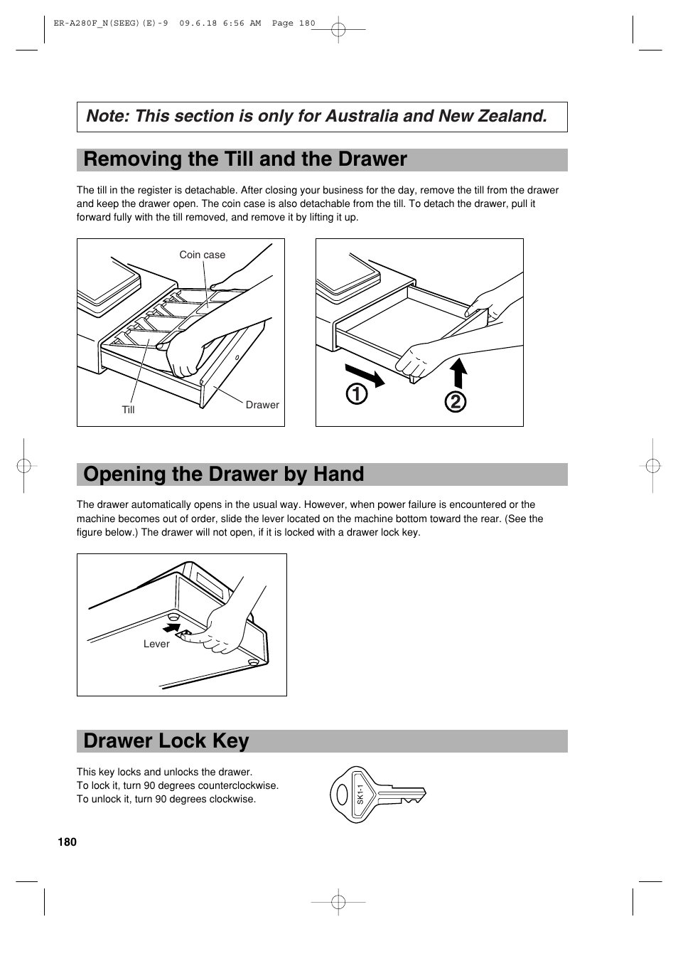 Removing the till and the drawer, Opening the drawer by hand, Drawer lock key | Sharp ER-A280F User Manual | Page 182 / 188