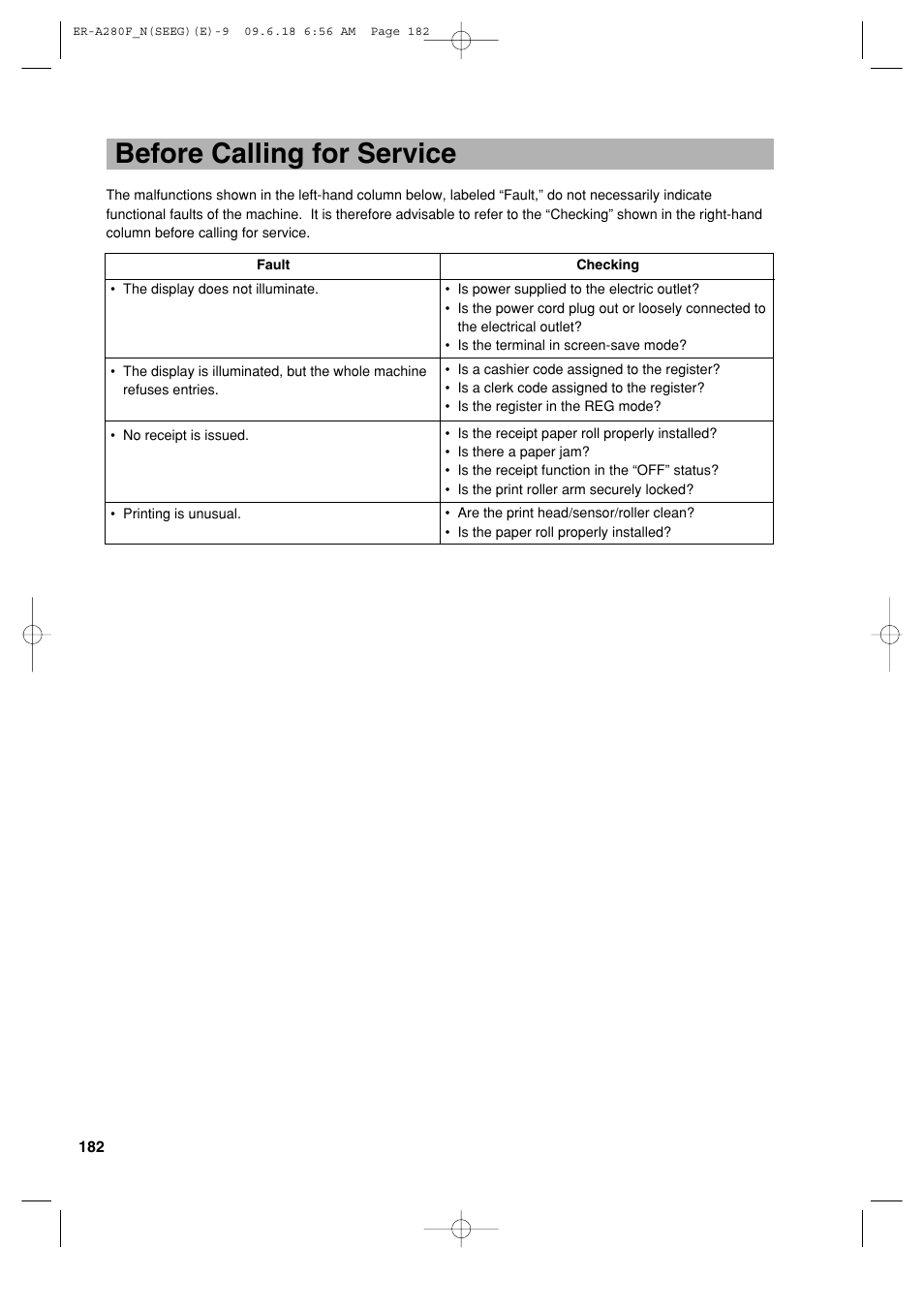 Before calling for service | Sharp ER-A280F User Manual | Page 184 / 188