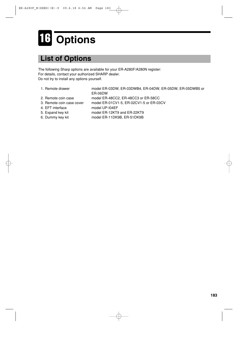 Options, List of options | Sharp ER-A280F User Manual | Page 185 / 188