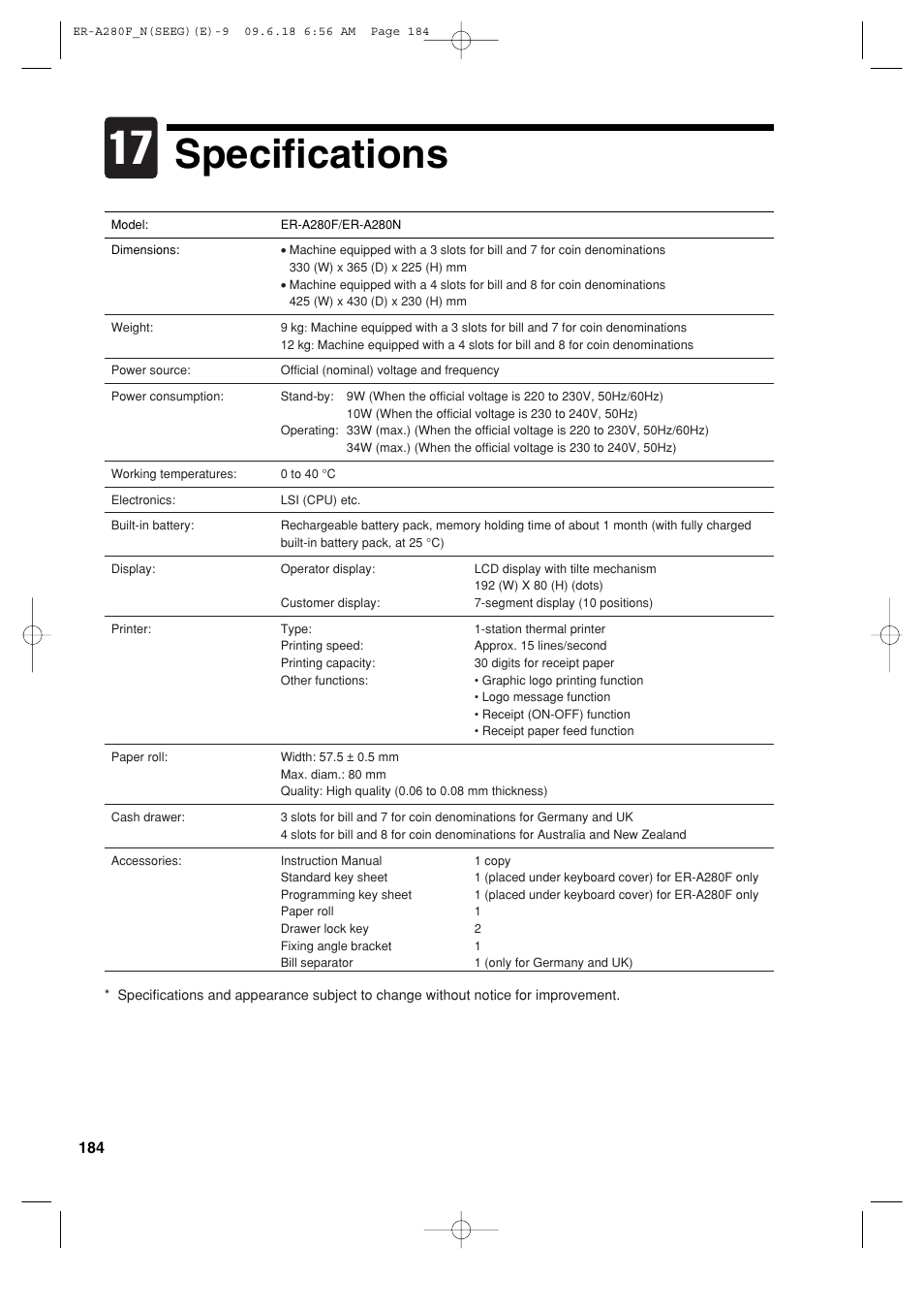 Specifications | Sharp ER-A280F User Manual | Page 186 / 188