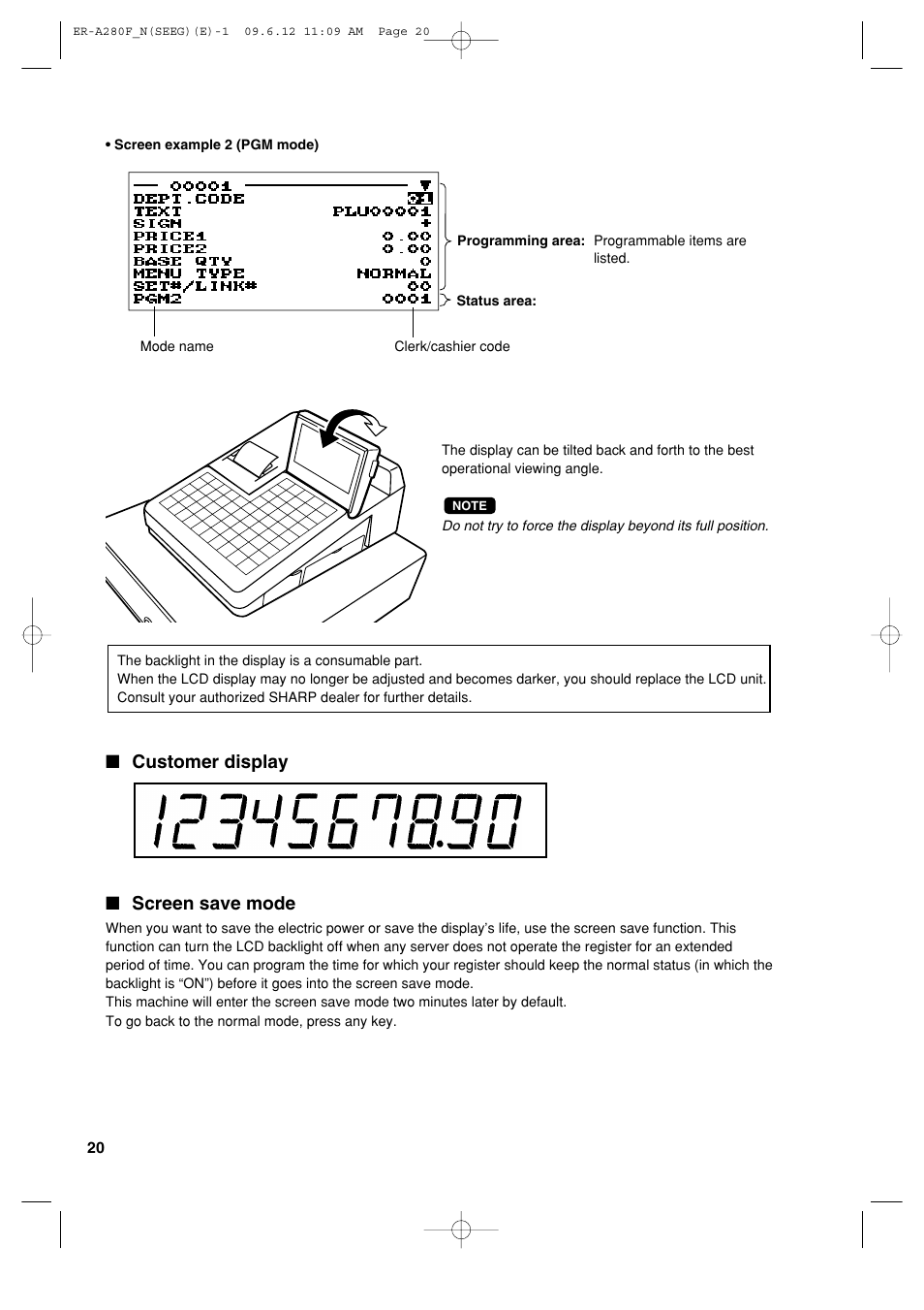 Customer display ■ screen save mode | Sharp ER-A280F User Manual | Page 22 / 188