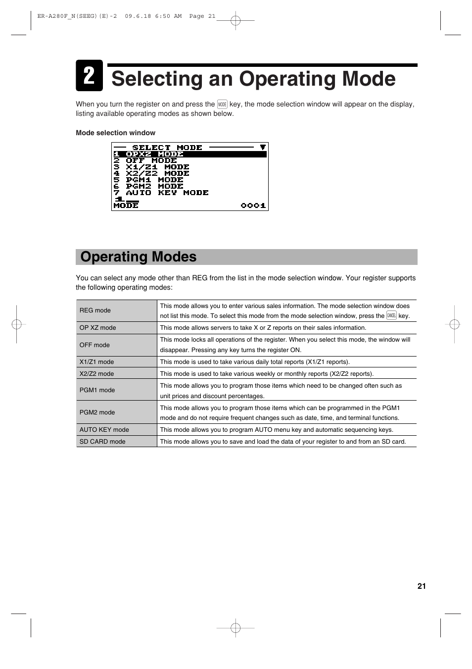 Selecting an operating mode, Operating modes | Sharp ER-A280F User Manual | Page 23 / 188