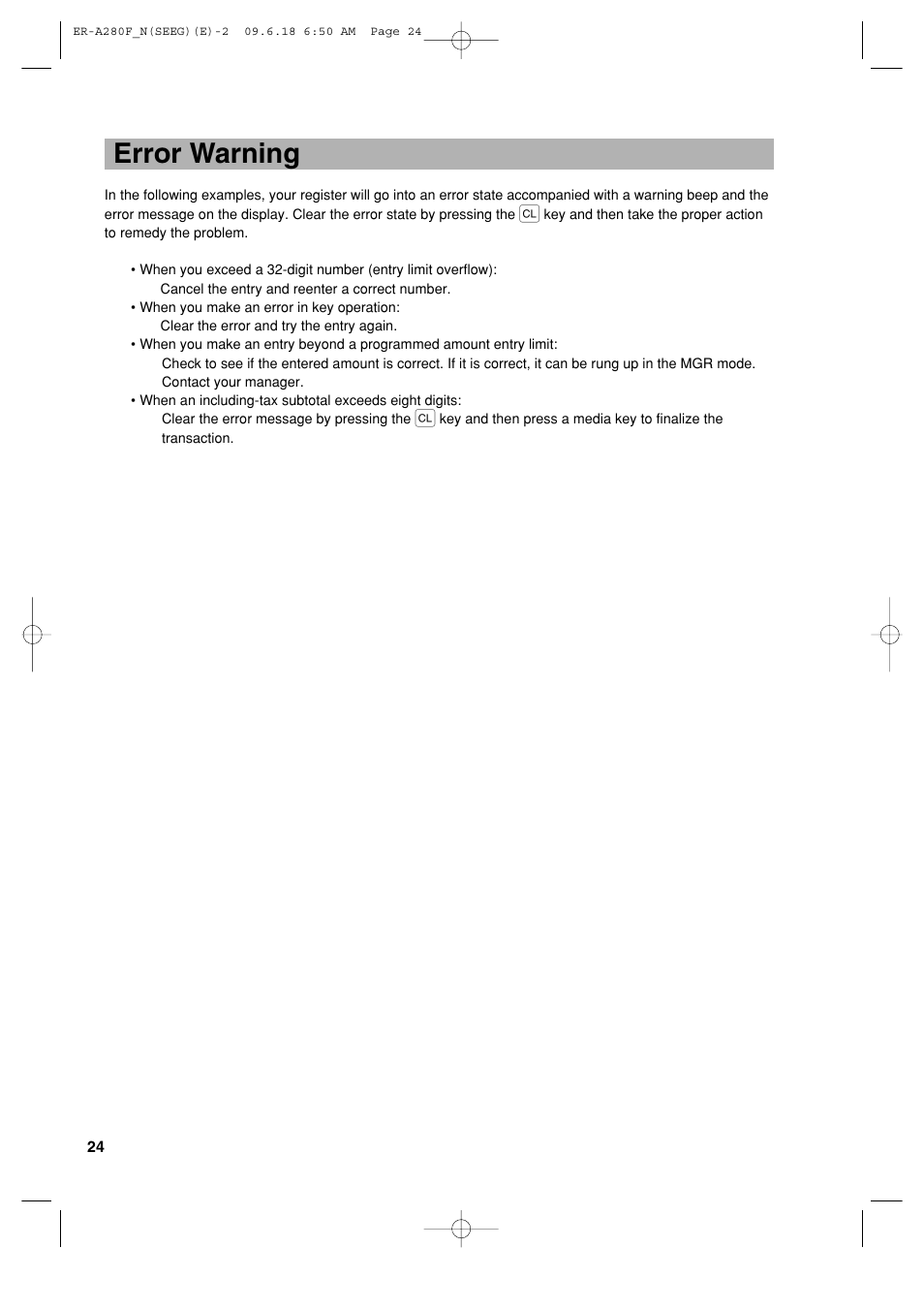 Error warning | Sharp ER-A280F User Manual | Page 26 / 188