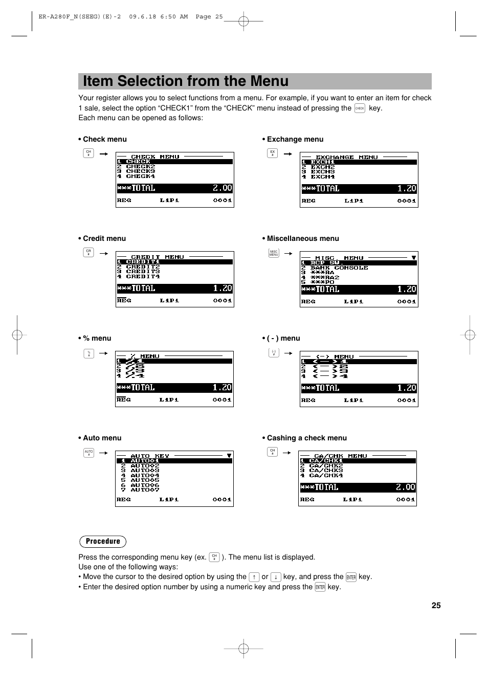 Item selection from the menu | Sharp ER-A280F User Manual | Page 27 / 188