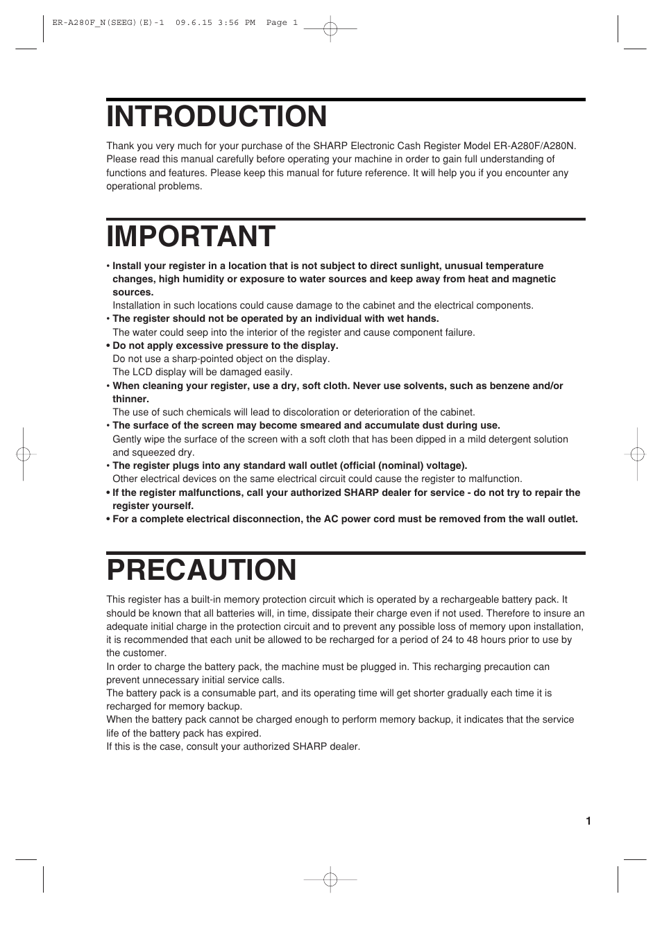 Introduction, Important, Precaution | Sharp ER-A280F User Manual | Page 3 / 188