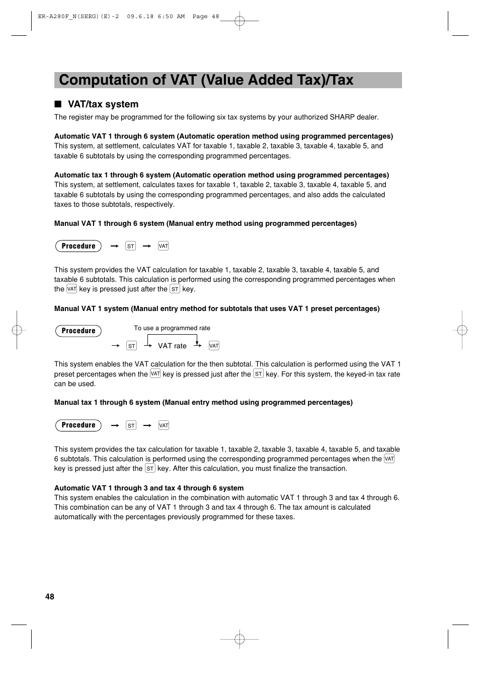Computation of vat (value added tax)/tax | Sharp ER-A280F User Manual | Page 50 / 188