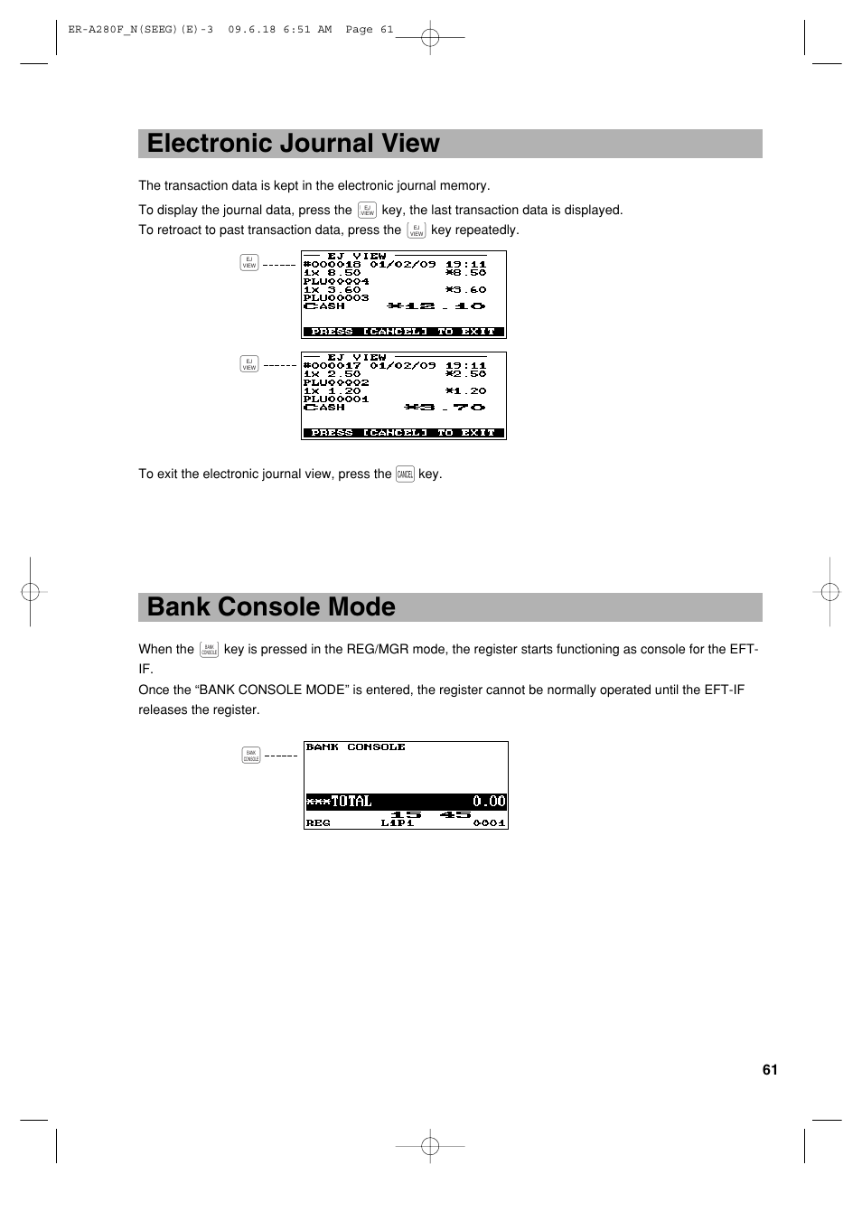 Electronic journal view, Bank console mode | Sharp ER-A280F User Manual | Page 63 / 188