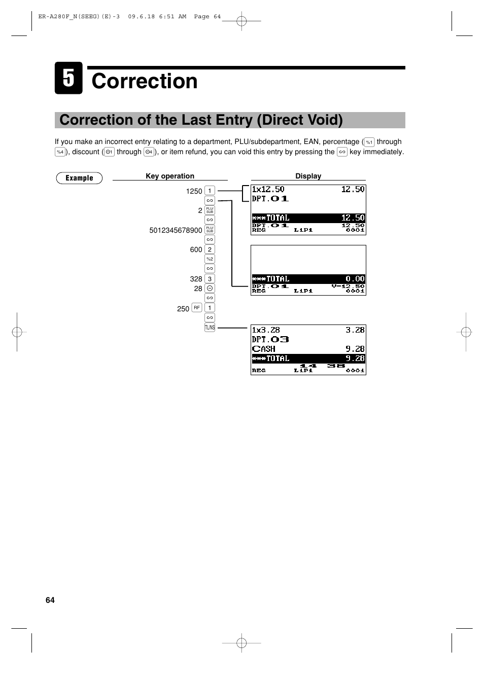 Correction, Correction of the last entry (direct void) | Sharp ER-A280F User Manual | Page 66 / 188