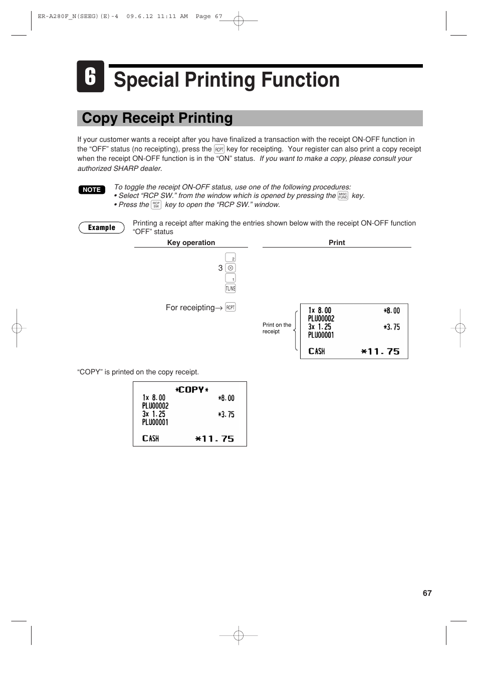 Special printing function, Copy receipt printing, X 1 a | Sharp ER-A280F User Manual | Page 69 / 188