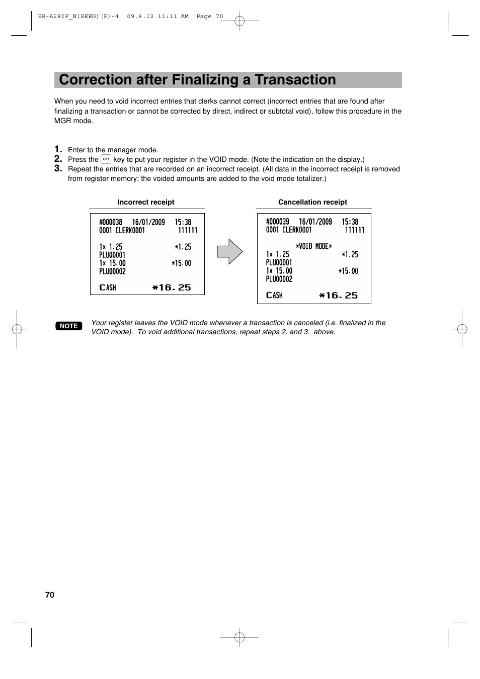 Correction after finalizing a transaction | Sharp ER-A280F User Manual | Page 72 / 188