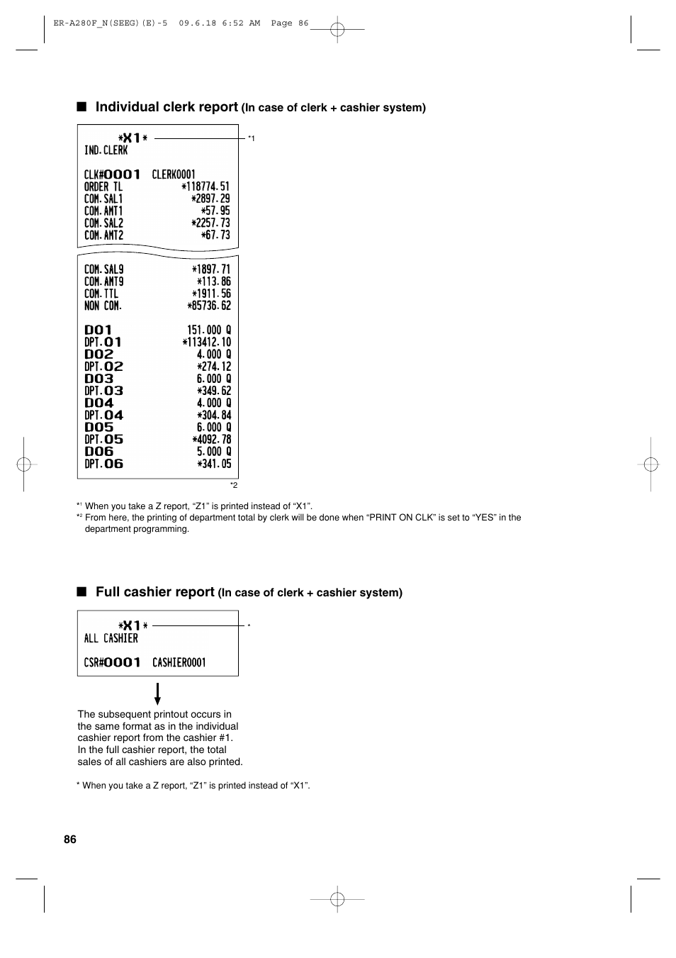 Individual clerk report, Full cashier report | Sharp ER-A280F User Manual | Page 88 / 188