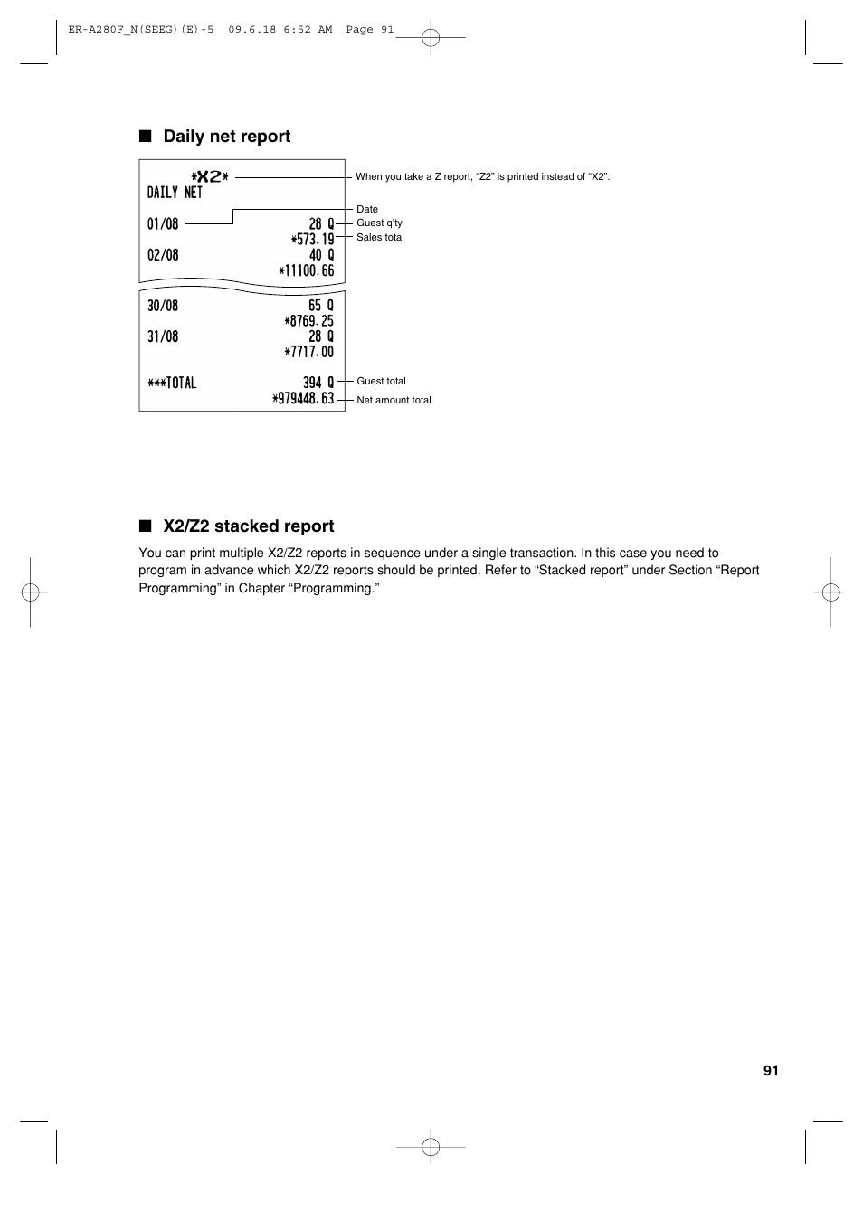 Daily net report, X2/z2 stacked report | Sharp ER-A280F User Manual | Page 93 / 188