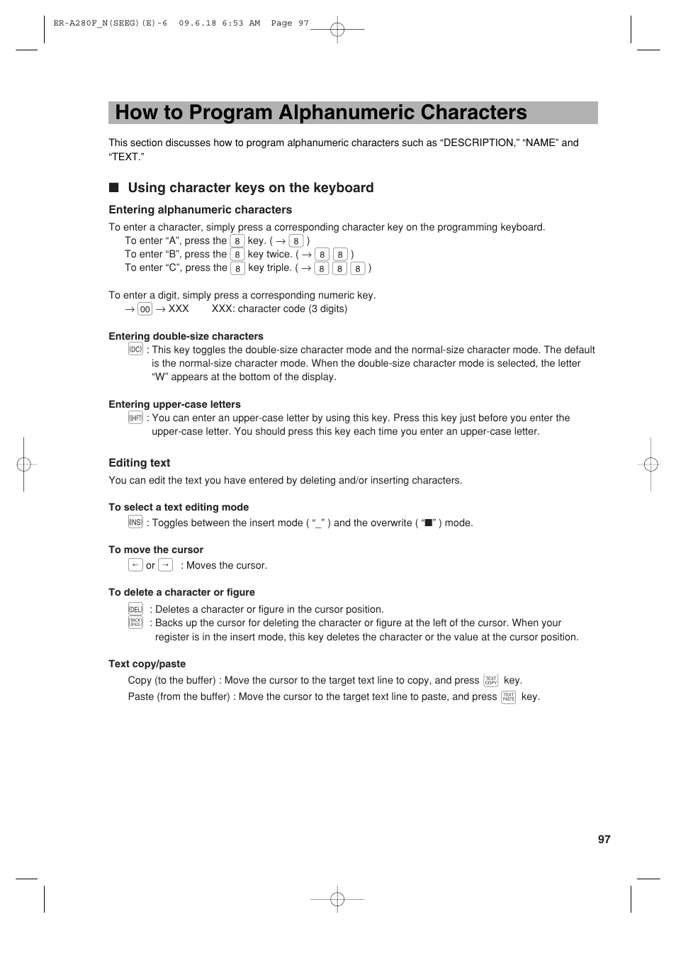 How to program alphanumeric characters | Sharp ER-A280F User Manual | Page 99 / 188