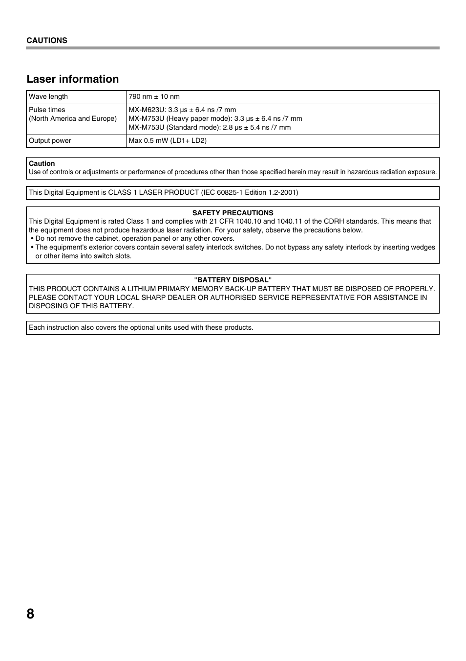Laser information | Sharp MX-M623U User Manual | Page 10 / 60
