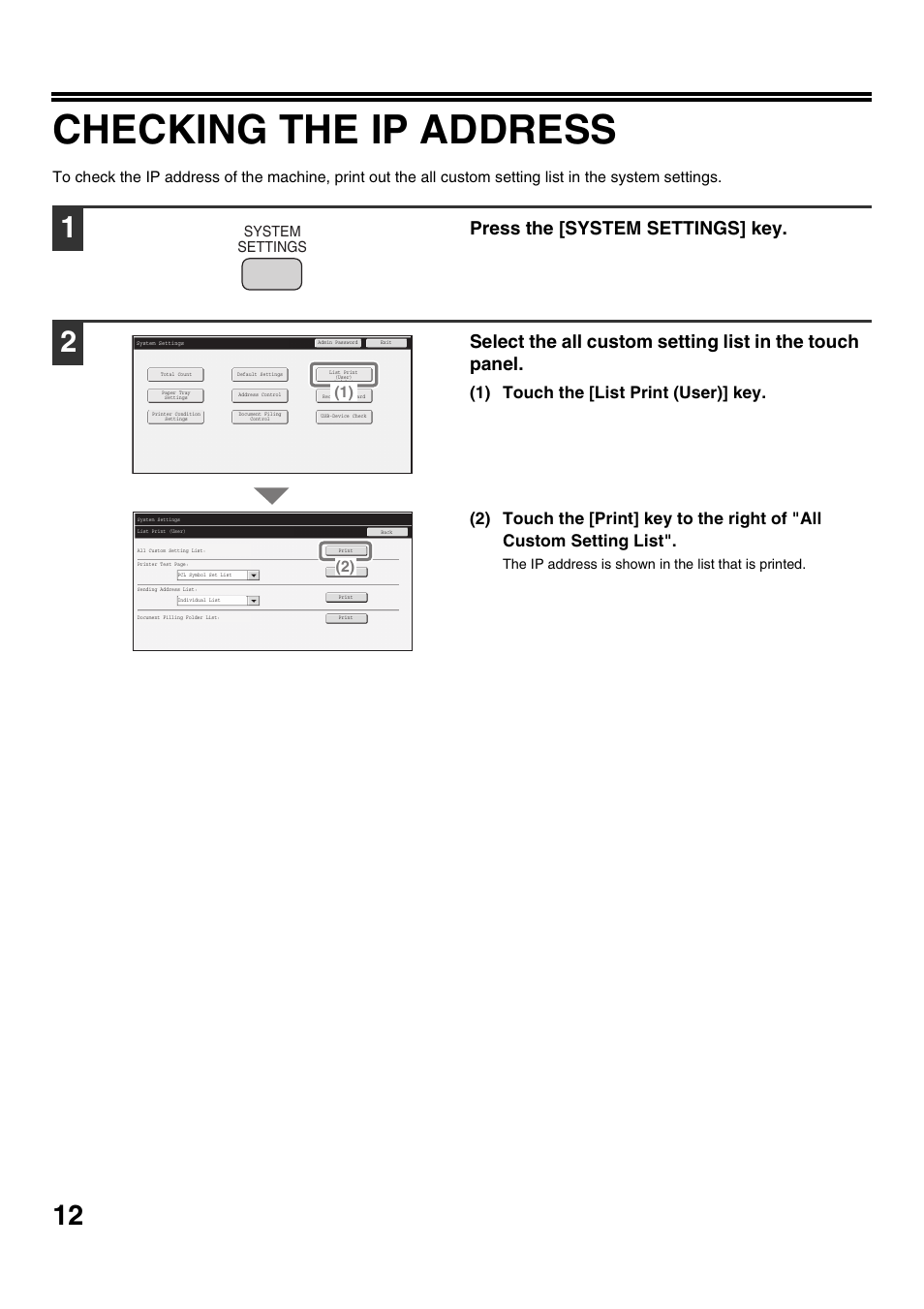 Checking the ip address, Press the [system settings] key, System settings | Sharp MX-M623U User Manual | Page 14 / 60