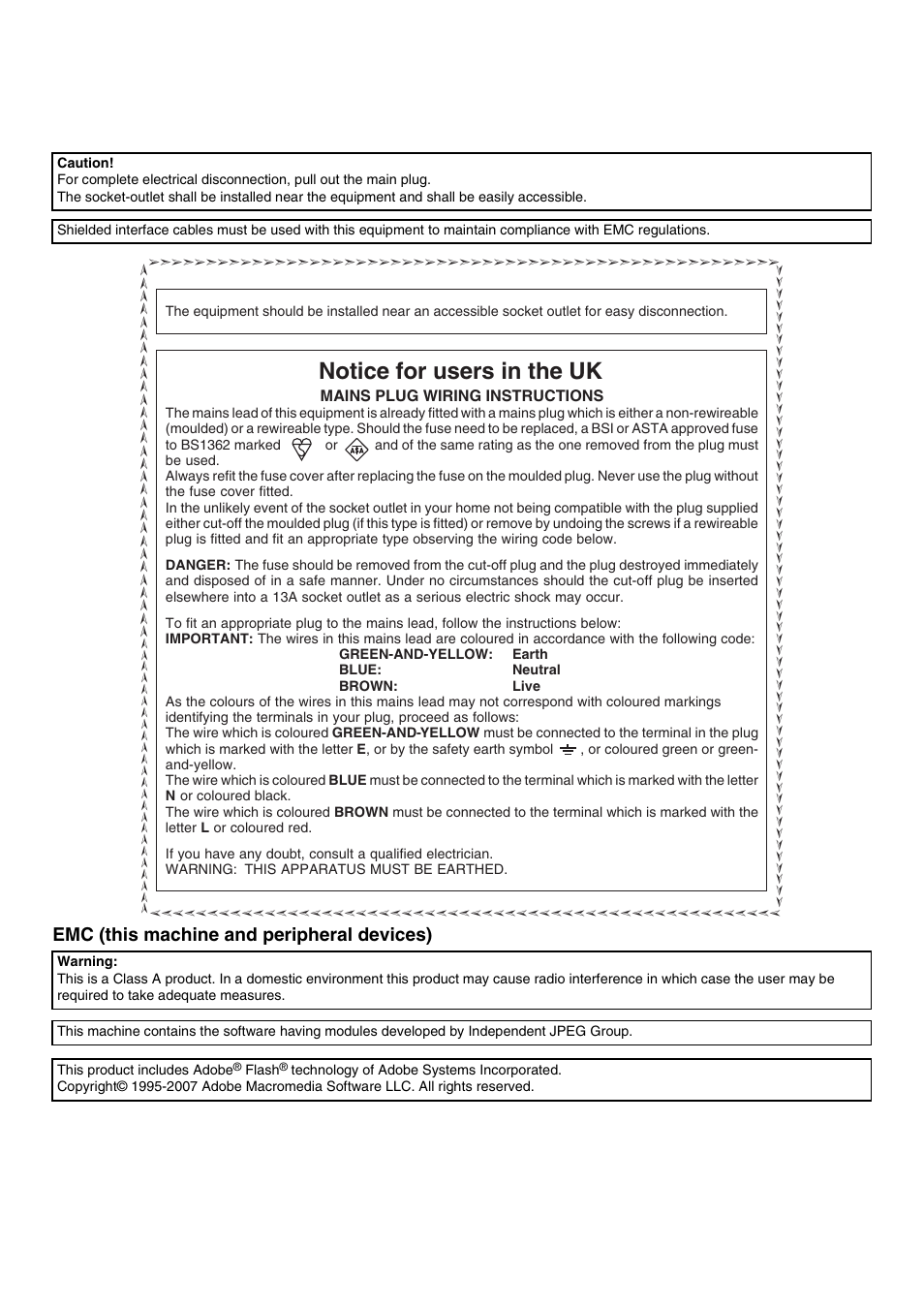 Notice for users in the uk, Emc (this machine and peripheral devices) | Sharp MX-M623U User Manual | Page 2 / 60