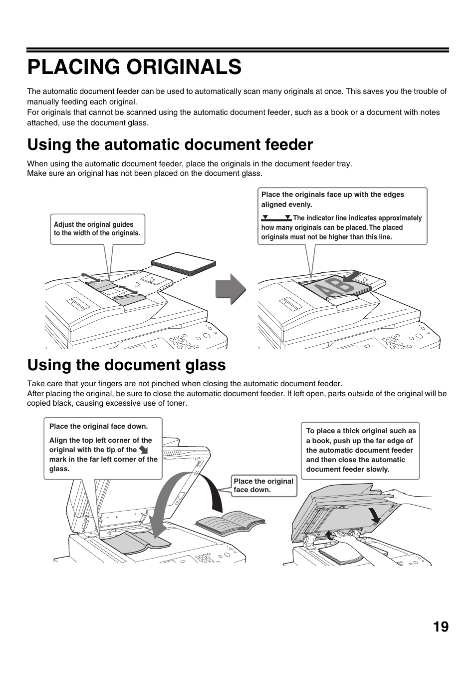 Placing originals, Using the automatic document feeder, Using the document glass | Sharp MX-M623U User Manual | Page 21 / 60
