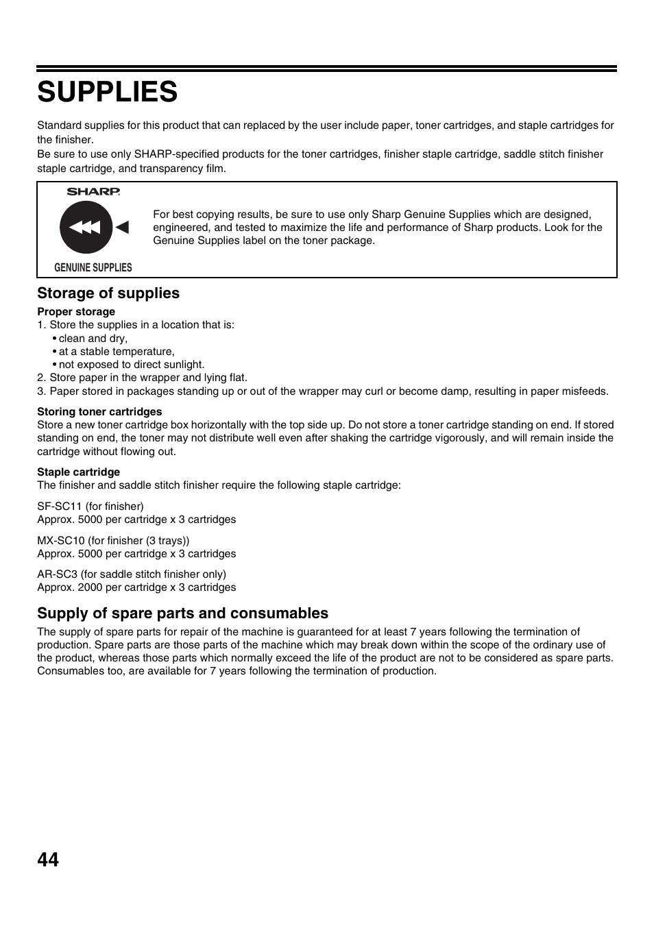Supplies, Storage of supplies, Supply of spare parts and consumables | Sharp MX-M623U User Manual | Page 46 / 60