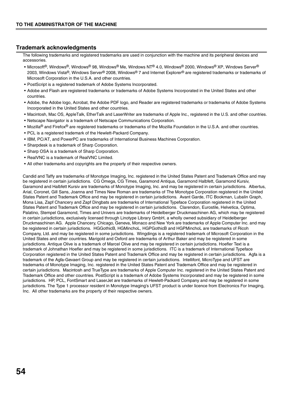 Trademark acknowledgments | Sharp MX-M623U User Manual | Page 56 / 60