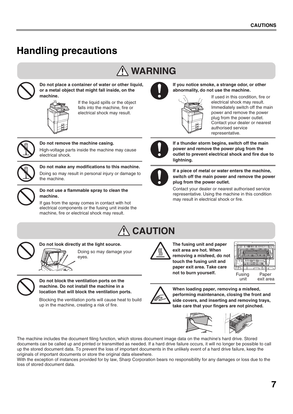 Handling precautions, Warning, Caution | Sharp MX-M623U User Manual | Page 9 / 60