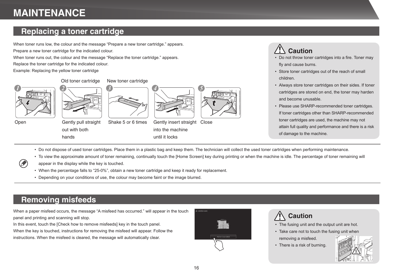 Maintenance, Replacing a toner cartridge removing misfeeds, Caution | Sharp MX-5140N User Manual | Page 16 / 28