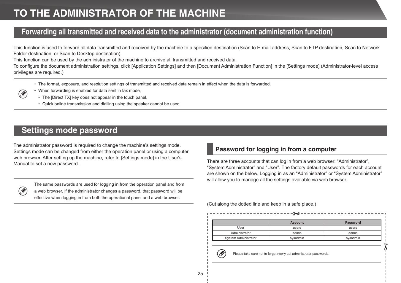 Settings mode password, Password for logging in from a computer | Sharp MX-5140N User Manual | Page 25 / 28