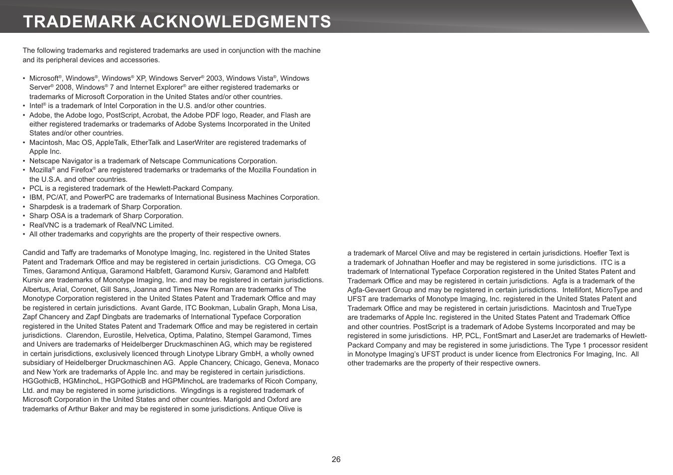 Trademark acknowledgments | Sharp MX-5140N User Manual | Page 26 / 28