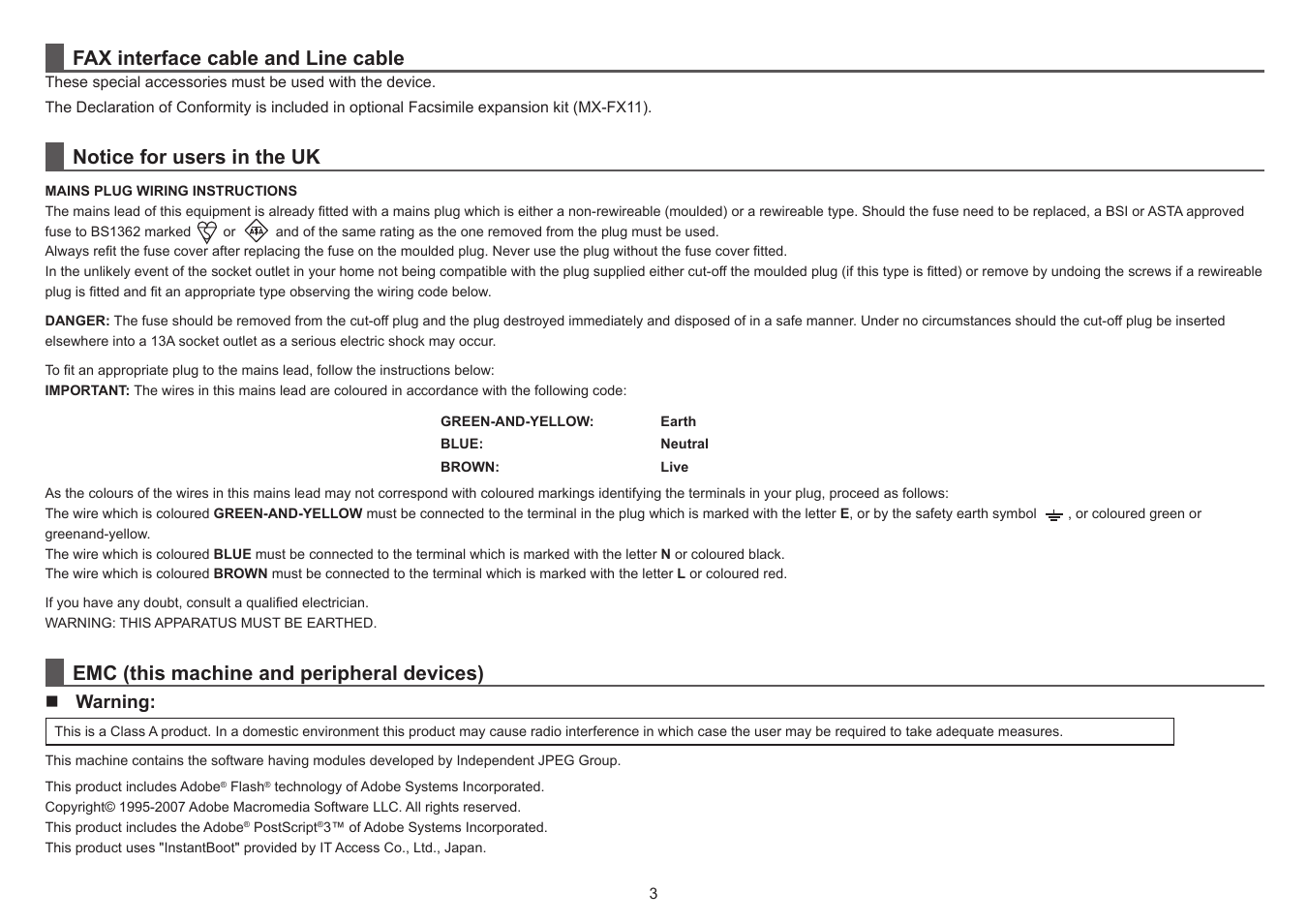 Fax interface cable and line cable, Notice for users in the uk, Emc (this machine and peripheral devices) | Sharp MX-5140N User Manual | Page 3 / 28