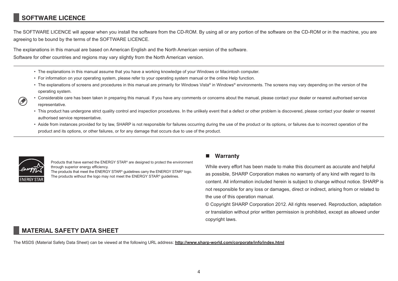 Software licence, Material safety data sheet | Sharp MX-5140N User Manual | Page 4 / 28