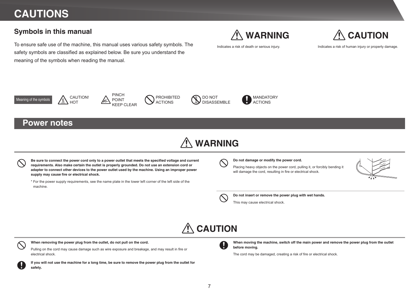 Cautions, Caution, Warning | Symbols in this manual | Sharp MX-5140N User Manual | Page 7 / 28