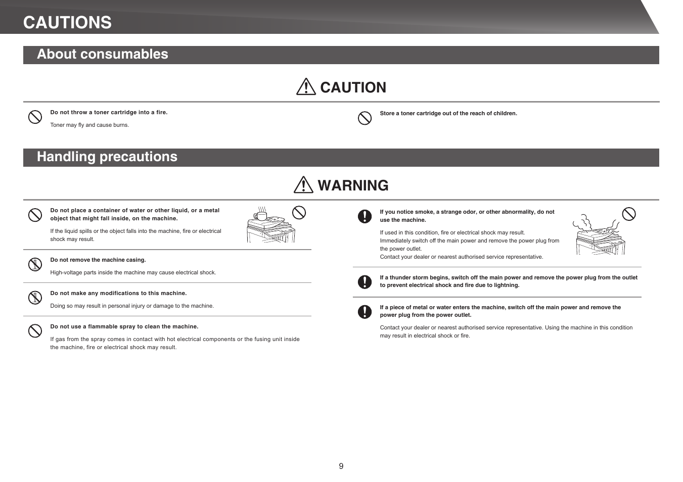 Cautions, Caution, Warning | About consumables, Handling precautions | Sharp MX-5140N User Manual | Page 9 / 28