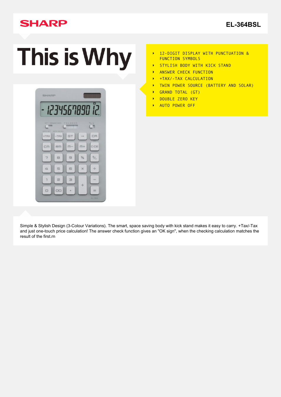 Sharp EL-364BSL User Manual | 2 pages