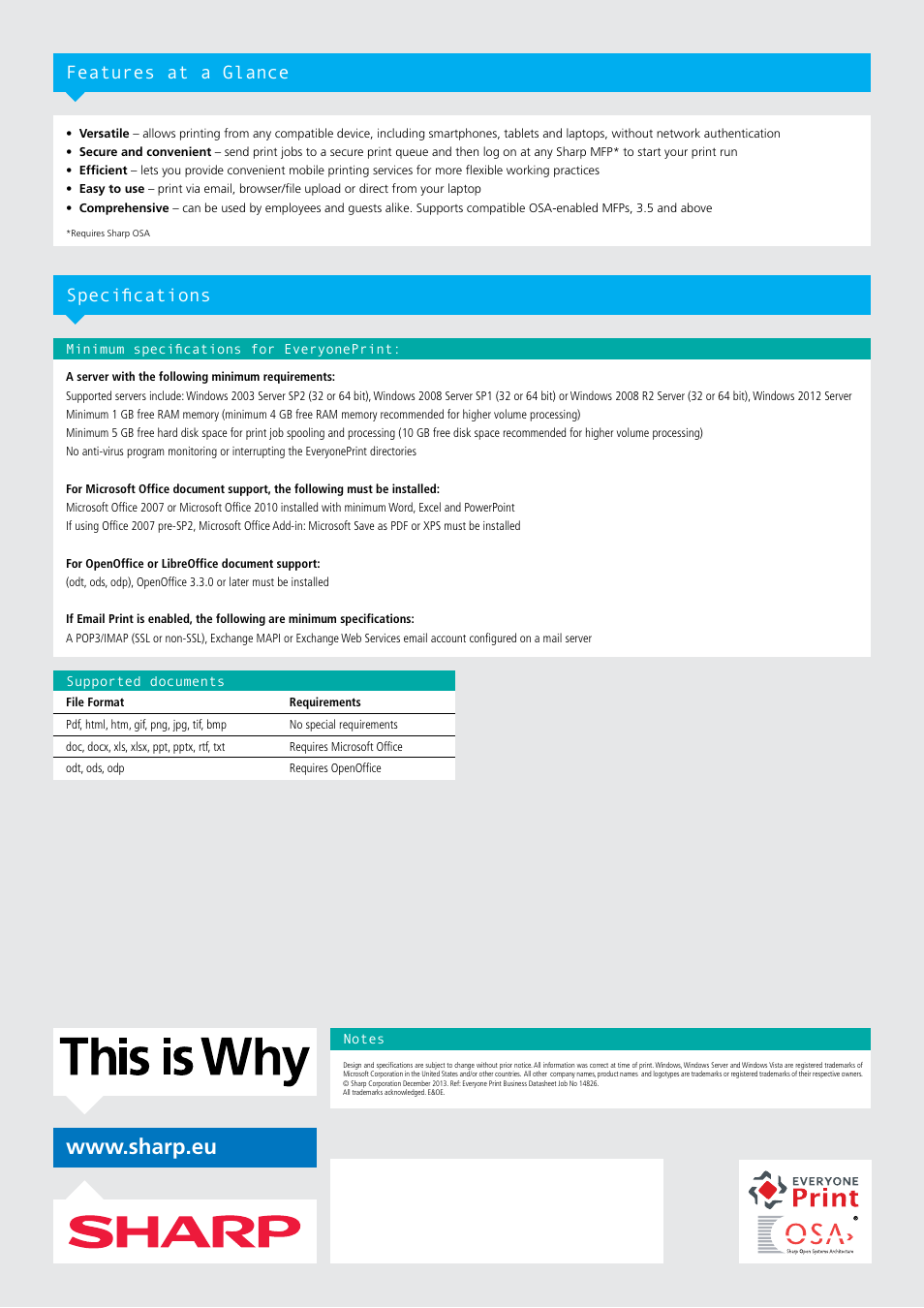 Features at a glance specifications | Sharp Everyone Print User Manual | Page 2 / 2