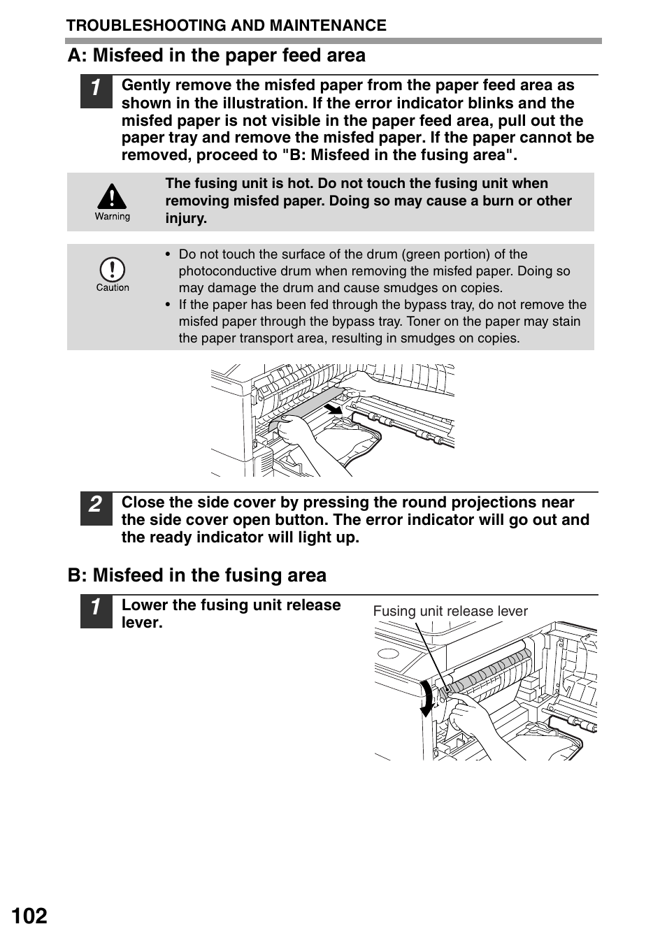 A: misfeed in the paper feed area" (p.102), P.102 | Sharp MX-B201D User Manual | Page 103 / 117