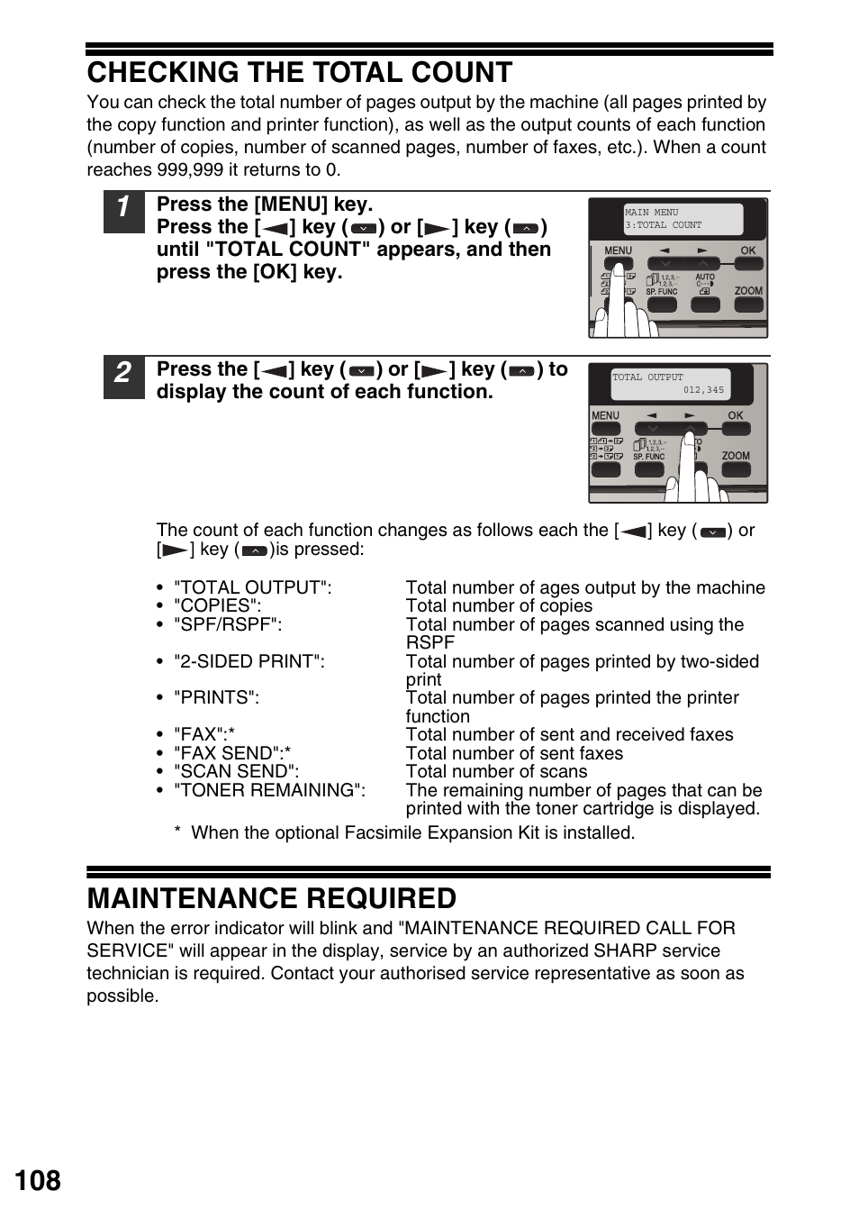 Checking the total count, Maintenance required, Checking the total count maintenance required | 108 checking the total count | Sharp MX-B201D User Manual | Page 109 / 117