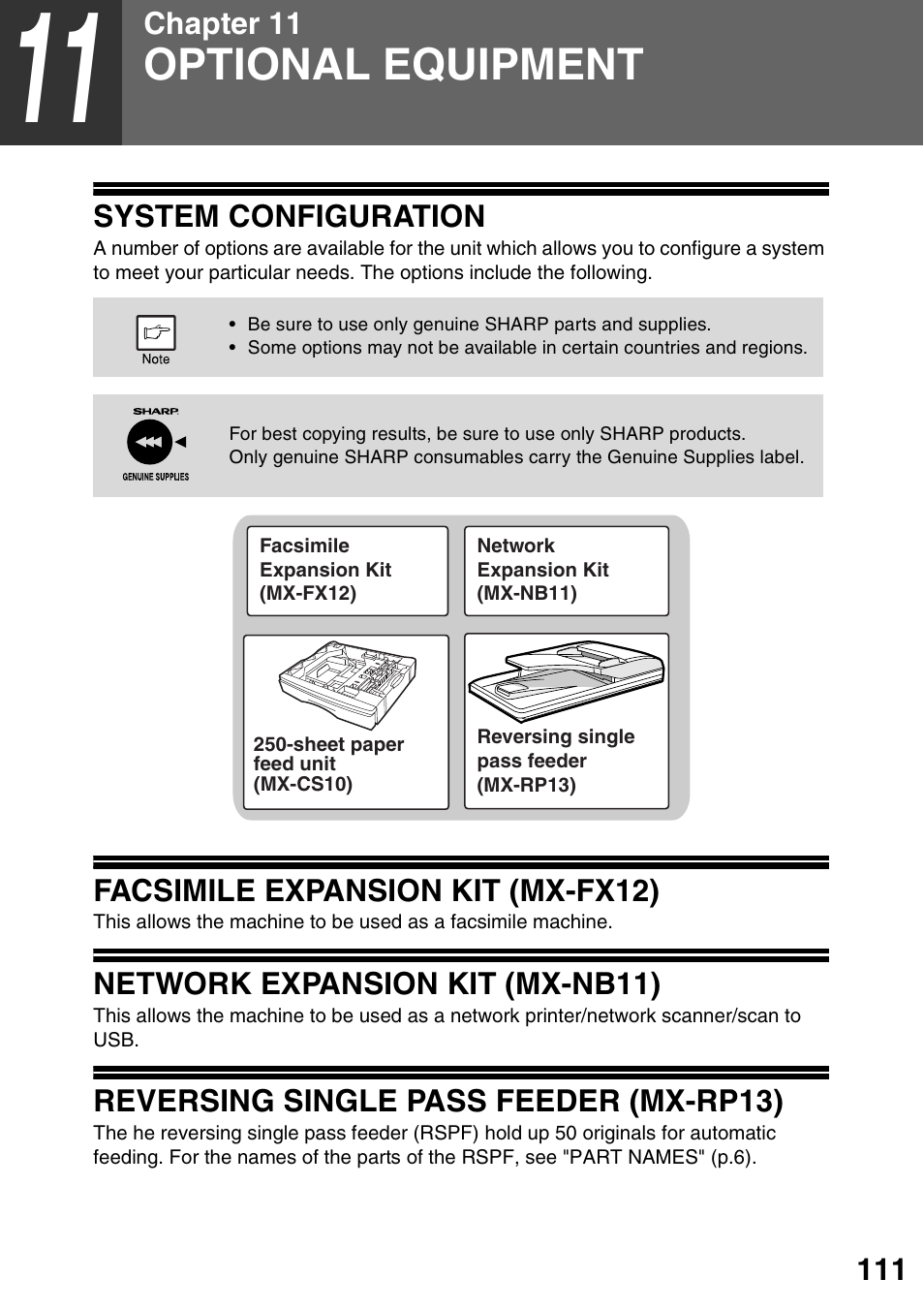 Optional equipment, System configuration, Facsimile expansion kit (mx-fx12) | Network expansion kit (mx-nb11), Reversing single pass feeder (mx-rp13), 11 optional equipment | Sharp MX-B201D User Manual | Page 112 / 117