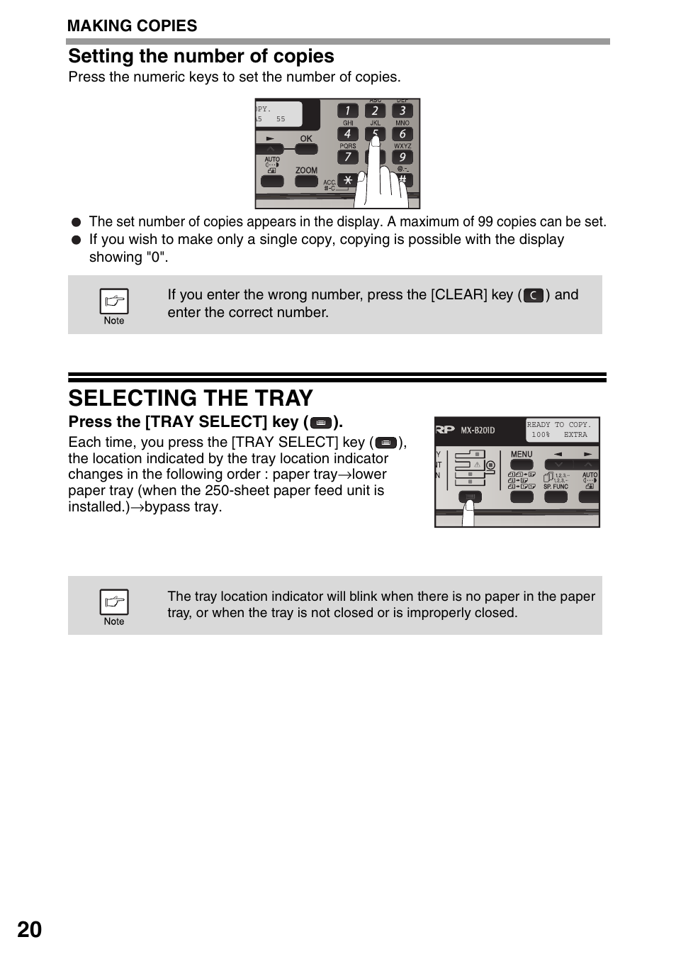 Selecting the tray, 20 t, Setting the number of copies | Sharp MX-B201D User Manual | Page 21 / 117