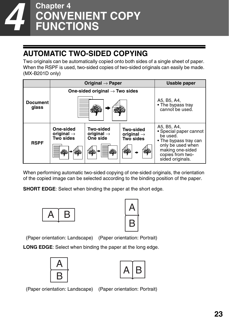 Convenient copy functions, Automatic two-sided copying, 4 convenient copy functions | Chapter 4 | Sharp MX-B201D User Manual | Page 24 / 117