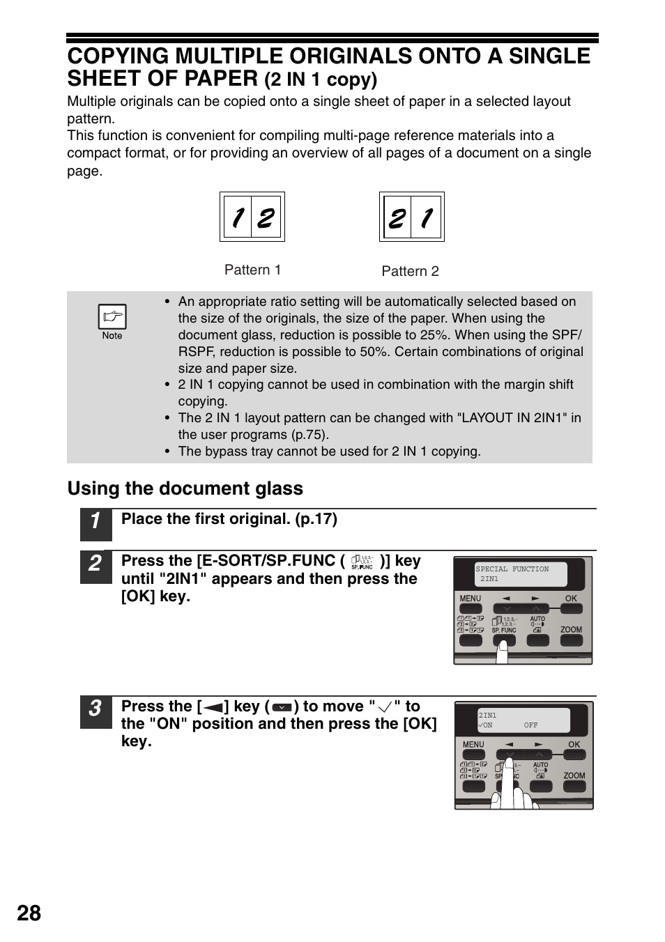 2 in 1 copy), Using the document glass | Sharp MX-B201D User Manual | Page 29 / 117